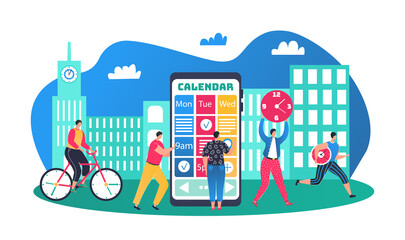 Schedule for business people, calendar and time management concept vector illustration. Flat smartphone app to plan office project and teamwork organization. Man character near huge planner.