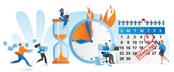 Work time at clock, business deadline concept vector illustration. Flat time management at people character job design. Cartoon countdown timer, man woman worker character hurry up at office.