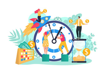 Business team time management with big clock concept, vector illustration. Man woman strategy for money, flat finance work design. Teamwork man woman character with cartoon success coin.