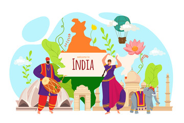 Tourism in india, people travel in asia culture vector illustration. Flat indian holiday symbol design, asian architecture in country concept. Welcome to india, man woman in traditional clothes.