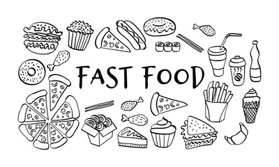 Fast food hand drawn collection. Doodle icons on white background. Vector illustration.