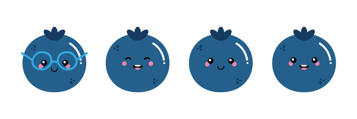 Set, collection of cute smiling cartoon blueberry characters for healthy food design.
