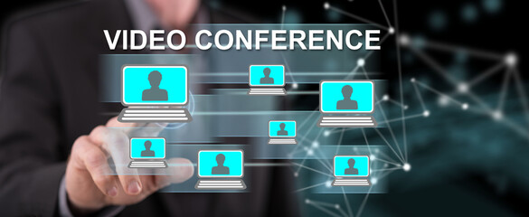 Man touching a video conference concept