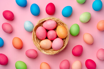 Painted Easter eggs in decorative nest on pink background