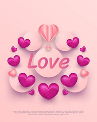 Valentine's Day card with love word, air balloon and heart in paper cut style on pink background. Holiday gift card. Romantic background with 3d decorative objects. Vector illustration