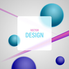 Abstract background with dynamic lines and balls under a transparent matte frame on a light background. Vector illustration.