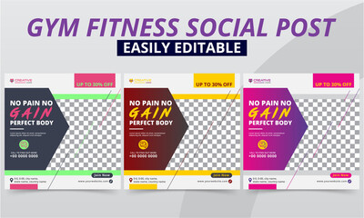 Fitness Gym Social Media Post Set for Workout Studio & Club Header & Offer Ads Templates Design Collection. Modern Geometric Bodybuilding Promo Sports Social Media Post Square Layouts Web Banner.