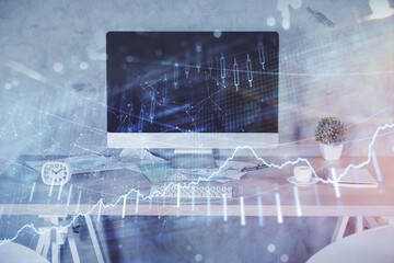 Multi exposure of financial graph drawing and office interior background. Concept of market analysis.