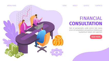 Financial business consultation with flat people character vector illustration. Finance analysis web banner, consultant accounting company investment concept. Money management strategy website.
