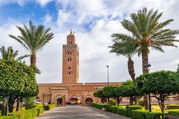 Koutoubia Mosque minaret in medina quarter of Marrakesh, Morocco