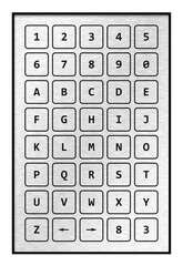 Keypad block with alphabet, numbers, arrows and hashtag.  Brushed metal texture. Used to input or type on devices, parking meters, intercom, digital locks and vending machines.