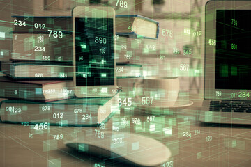 Double exposure of data theme drawing and mobile phone background. Concept of innovation