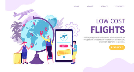 Low cost airplane flight ticket, vector illustration. Cheap offer for people character concept, template page. Man at business trip, traveling woman use budget air transportation landing banner.