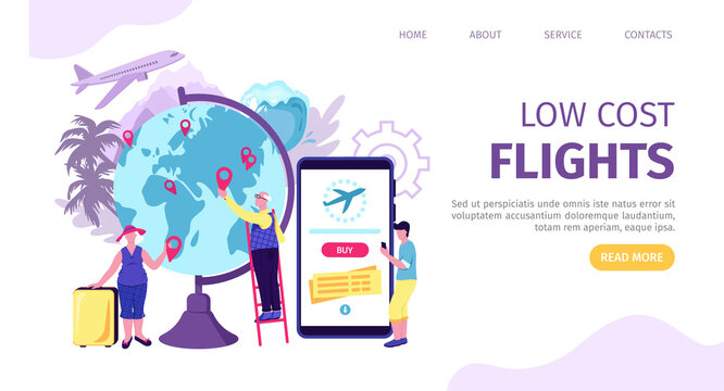 Low cost airplane flight ticket, vector illustration. Cheap offer for people character concept, template page. Man at business trip, traveling woman use budget air transportation landing banner.