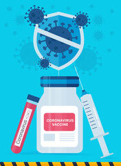 Medical Poster of the Cavid - 19 vaccine with a syringe and a coronavirus test. Mass vaccination against coronavirus. Flat vector illustration.