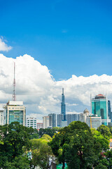 Fototapeta premium Landmark 81 Skyscraper, view from district 1 in Ho Chi Minh city, Vietnam. Amazing colorful view of skyscraper and other modern buildings at downtown.