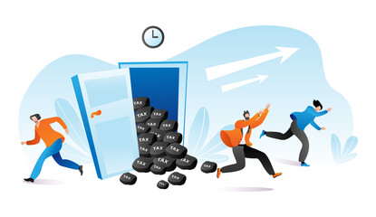 Time to pay tax, people run escape from finance problem vector illustration. Cartoon man woman character avoid debt document banner.Taxed risk about money, worker liability strain.