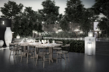 Ready for Dinner: Garden Restaurant - black and white 3d visualization