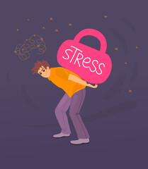 Stress is like heavy burden, load. Tension, heaviness in business life. Exhausted man holding huge kettlebell weight, with the inscription stress. Overwork, stress, time management cartoon