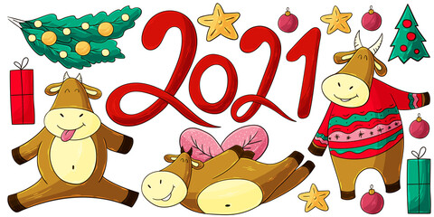 Celebration typography poster, banner, card. 2021 HAPPY NEW YEAR script text hand lettering. Doodle lettering with many New Year's elements. Year of the Ox