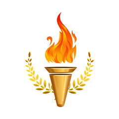 Burning torch with fire with laurel wreath, golden leaves. Sports games symbol. Vector illustration
