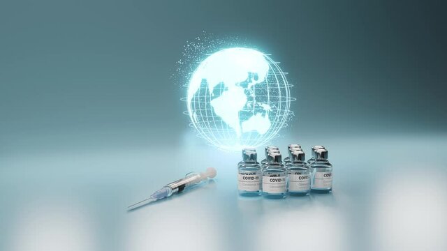 回転する地球とワクチン・注射器の3Dモーショングラフィックス / コロナウイルス対策・ワクチン開発のコンセプトイメージ