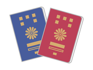 重なる二種類のパスポートのイラスト（赤・紺・シンプルなタッチ）
