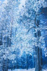 Digital art painting canvas - blue toned image of the winter forest with picturesque frozen trees (oil painting effect)