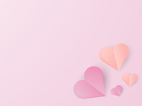 Happy Valentine's day. Flying Love pink Hearts in paper cut style.Pink background.