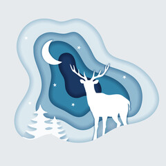 
Winter illustration in blue color in paper cut style. Deer, trees, snow, stars and the moon. Can be used as a background, postcard, in web design, printing