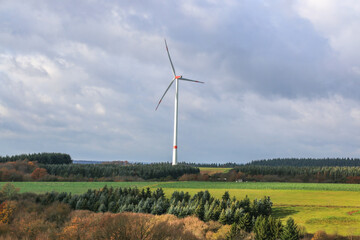 Renewable energies, power generation with wind turbines in a wind farm, selective focus, nobody, no people. selective focus