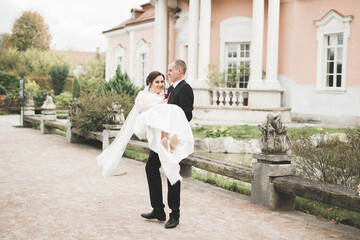 Amazing happy gentle stylish beautiful romantic caucasian couple on the background ancient baroque castle