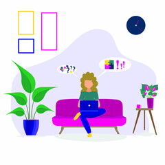 The girl is sitting with a laptop on the couch at home. Working on a computer. Freelance, online education, or the concept of social networks. Vector illustration isolated on a white background