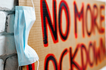 Protestive placard against coronavirus lockdowns against wall