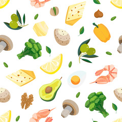 Seamless vector pattern of keto diet with low-crab products - lemon, olives, egg, cheese, pepper, mushroom, butter. Light vegetarian set of healthy food with full objects