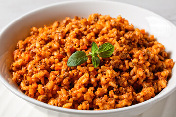 ground beef risotto bolognese in a bowl