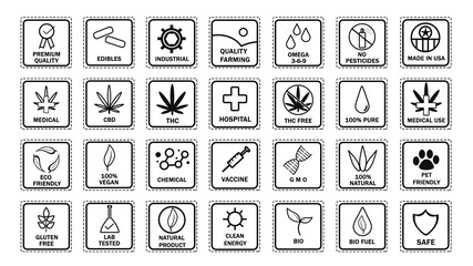 Big Set of CBD oil icons. THC free, made in USA, bio, vegan, premium quality, lab tested, omega 3-6-9, pure, natural, no pesticides, organic, eco, gluten free, pet friendly. Product label stamp seal.
