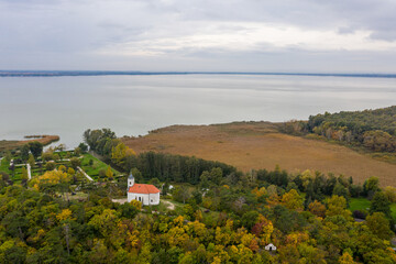 Drone photo of Saint Michael Chapel at Lake Balaton in Vonyarcvashegy, Hungary