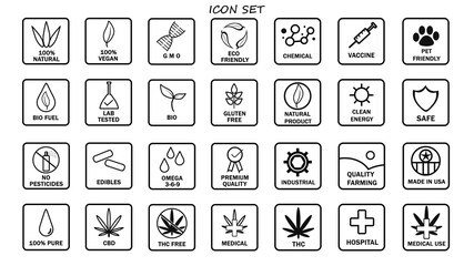 Big Set of CBD oil icons. THC free, made in USA, bio, vegan, premium quality, lab tested, omega 3-6-9, pure, natural, no pesticides, organic, eco, gluten free, pet friendly. Product label stamp seal.
