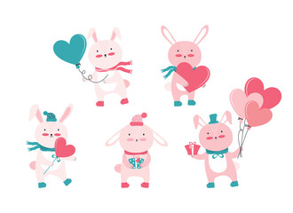 Obraz na płótnie Canvas Holiday set for Happy valentine's Day. Collection of cute pink bunnies with hearts and gifts. Cartoon character animal in love. Romantic rabbit with valentine card. Vector flat illustration.