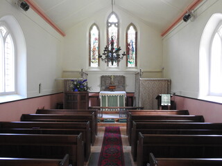 The interior of a small church