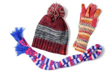 winter hat, mittens and multicolored knitted scarf on a white background, a set on a white background