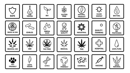 Large Set of CBD oil icons. Best popular food product stamp. Simple design, premium quality, pure, natural, no pesticides, organic, eco, gluten free, pet friendly. 