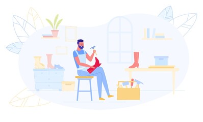 Shoemaker Sitting at Workplace Mending Boots.