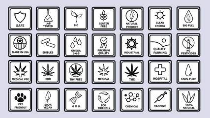 Large Set of CBD oil icons. Best popular food product stamp. Simple design, premium quality, pure, natural, no pesticides, organic, eco, gluten free, pet friendly. 