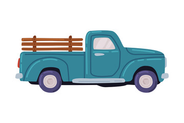 Blue Pickup, Agricultural Transport Cartoon Style Vector Illustration