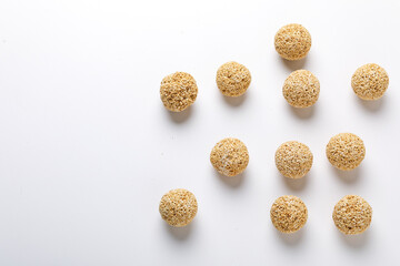 Indian sweet for traditional festival makar sankranti :Rajgira laddu made from Amaranth seed on white background