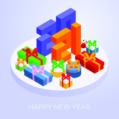 Fototapeta premium 2021 Happy New Year vector banner template. Cartoon isometric vector illustration of gift boxes. Isometric 2021 Happy New Year. 3D modern design for invitation, postcard, greeting card, flyer, web.