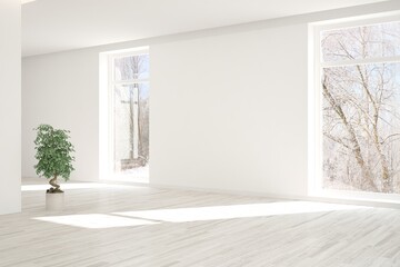 Fototapeta na wymiar Mock up of empty room in white color with winter landscape in window. Scandinavian interior design. 3D illustration