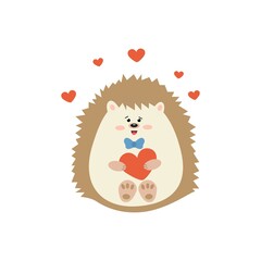 Valentine's day. Romantic gift card with cute hedgehog and hearts.Hedgehog holds hearts in his paws.Vector cartoon style illustration.
